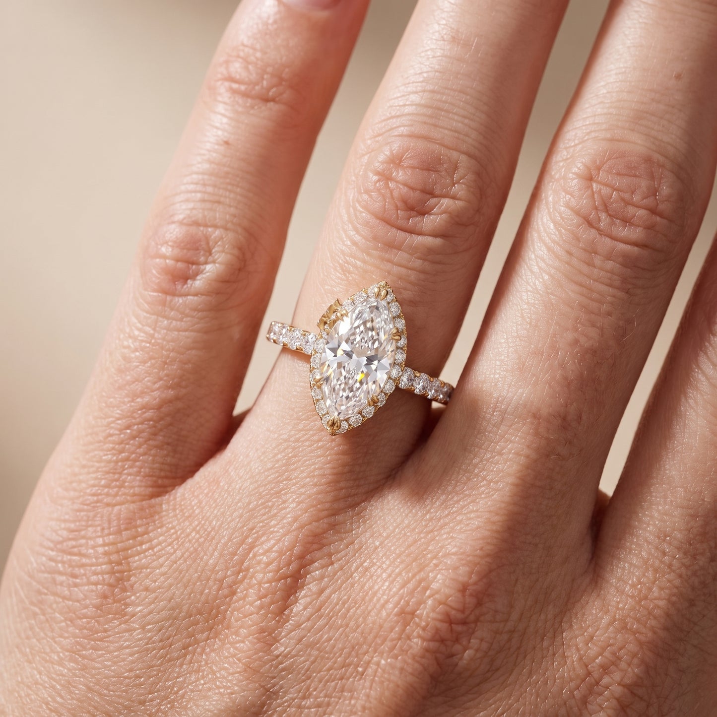Chloe Halo Pavé Marquise Diamond Ring in Yellow Gold - lifestyle.jpg