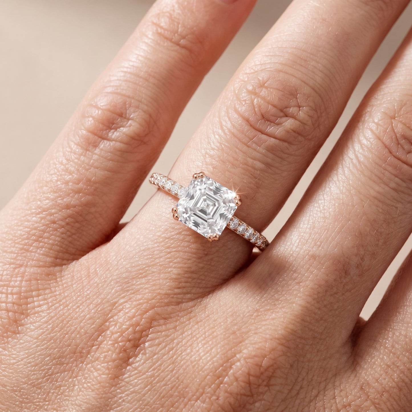 Violet Hidden Halo Pavé Asscher Diamond Ring in Rose Gold - lifestyle.jpg