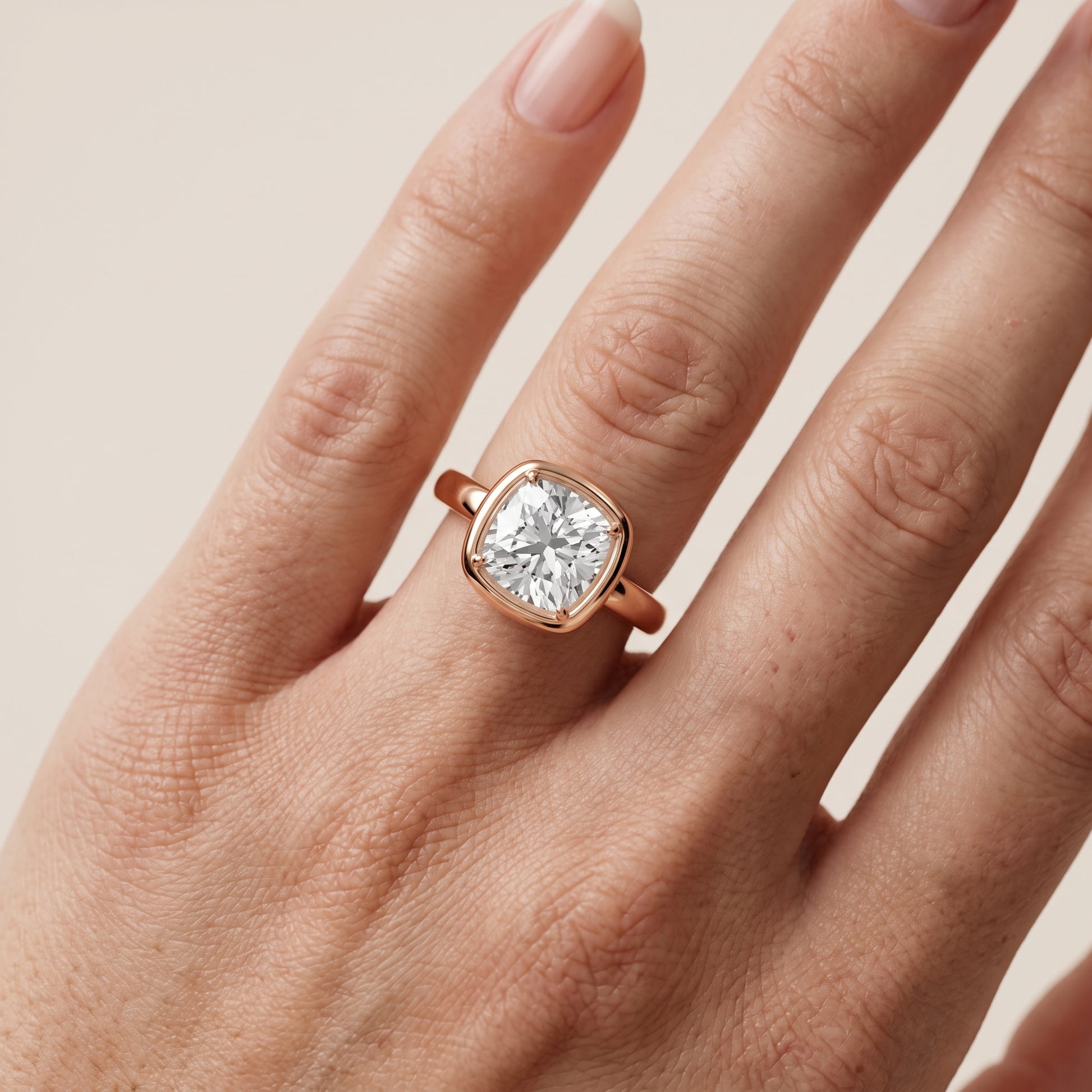 Alina Bezel Solitaire Cushion Diamond Ring in Rose Gold - lifestyle.jpg