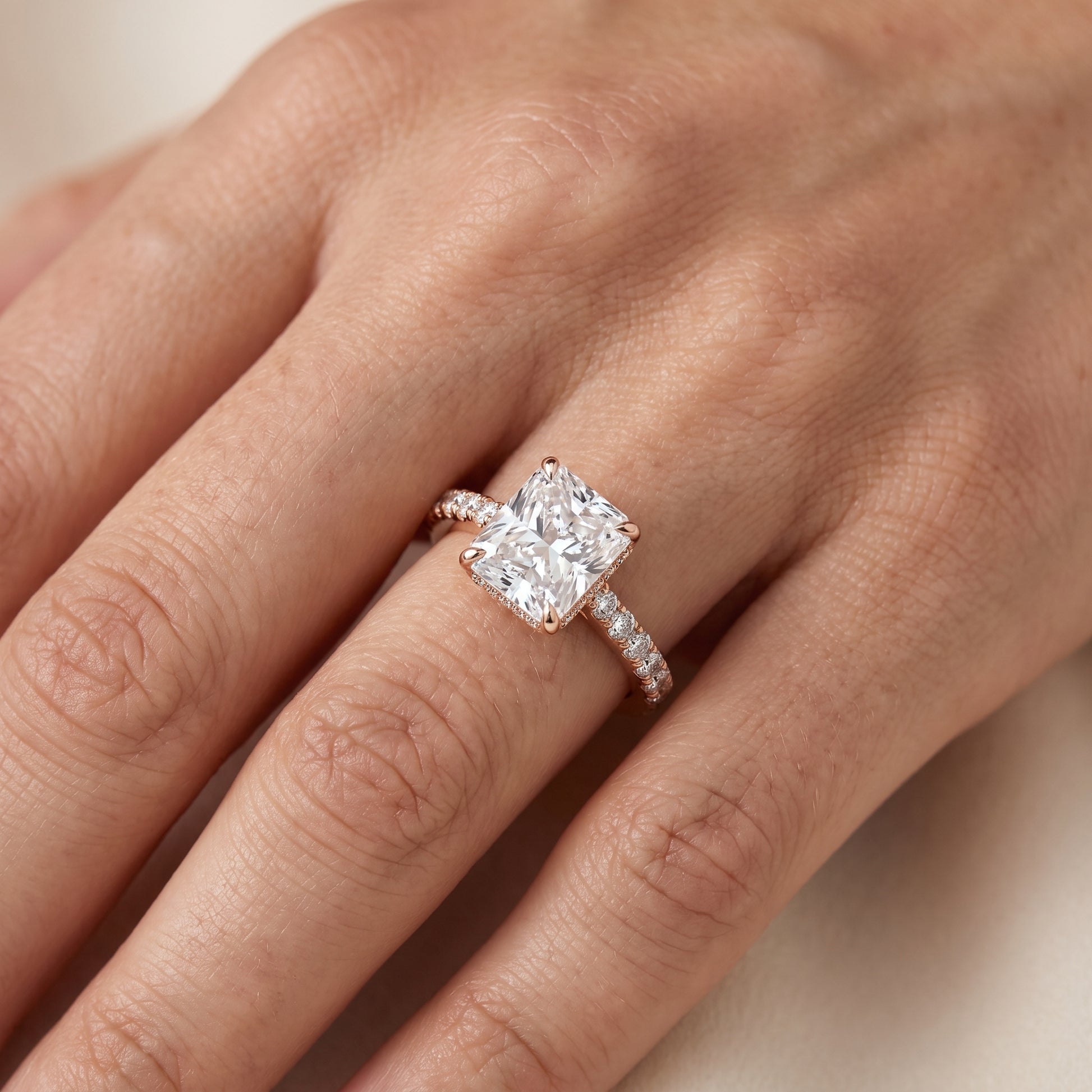 Gia Hidden Halo Pavé Radiant Diamond Ring in Rose Gold - lifestyle.jpg