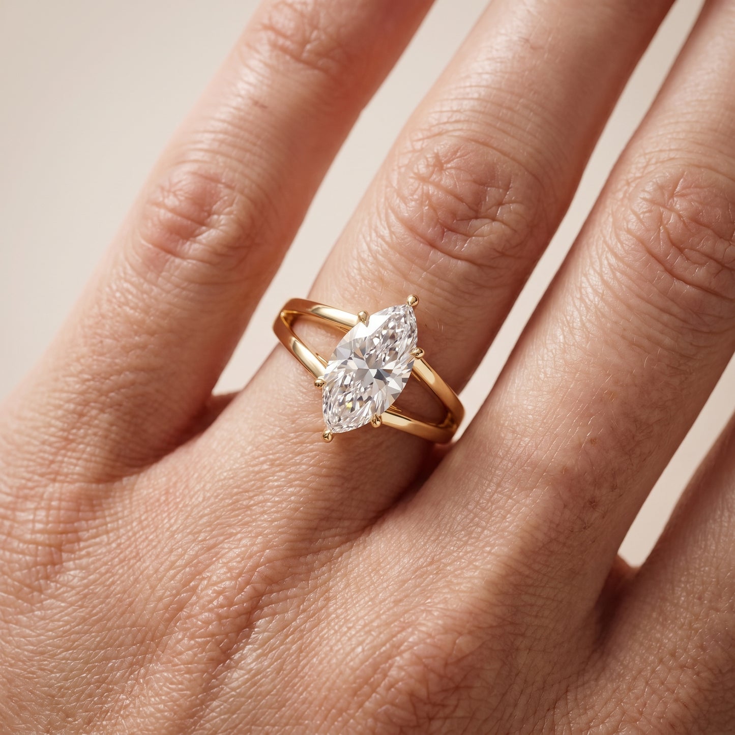 Giselle Solitaire Split Shank Marquise Diamond Engagement Ring in Yellow Gold - lifestyle.jpg