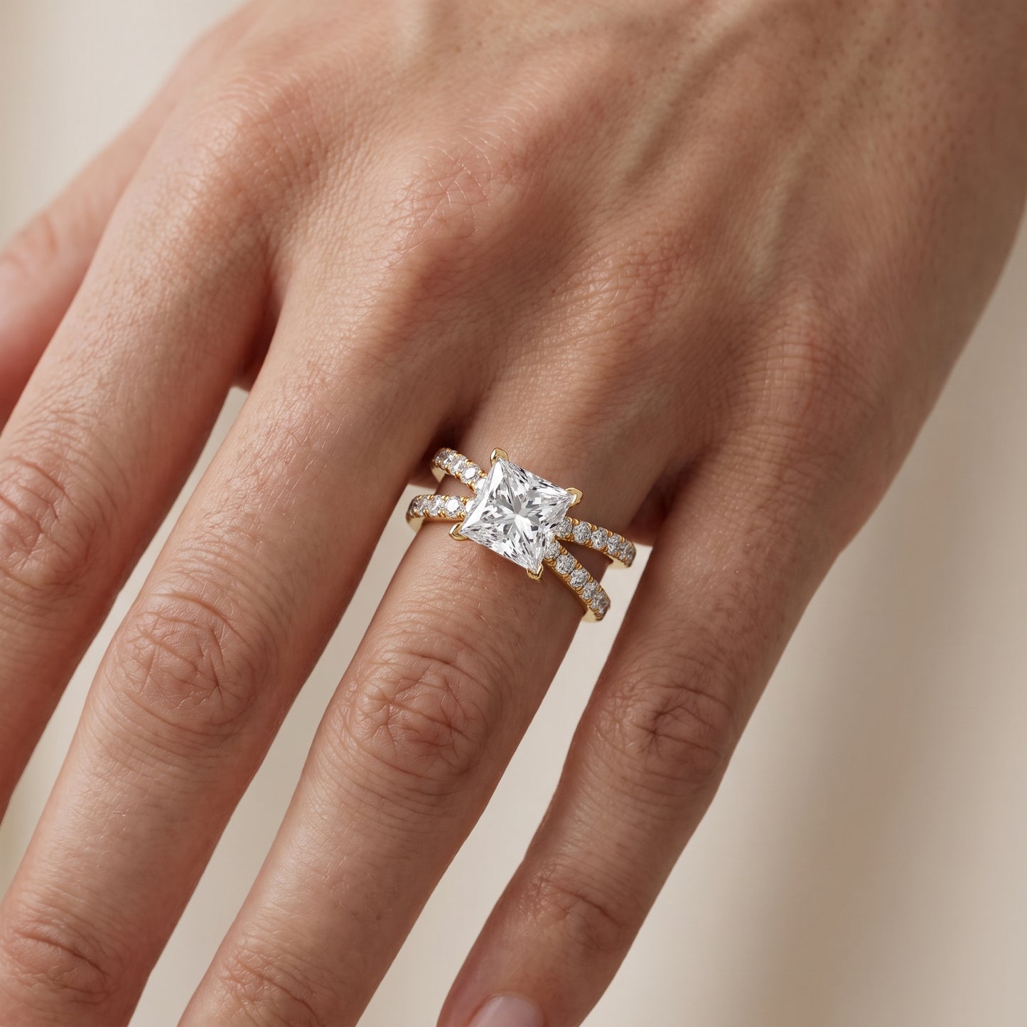 Lior Criss Cross Pavé Princess Diamond Engagement Ring in Yellow Gold - lifestyle.jpg