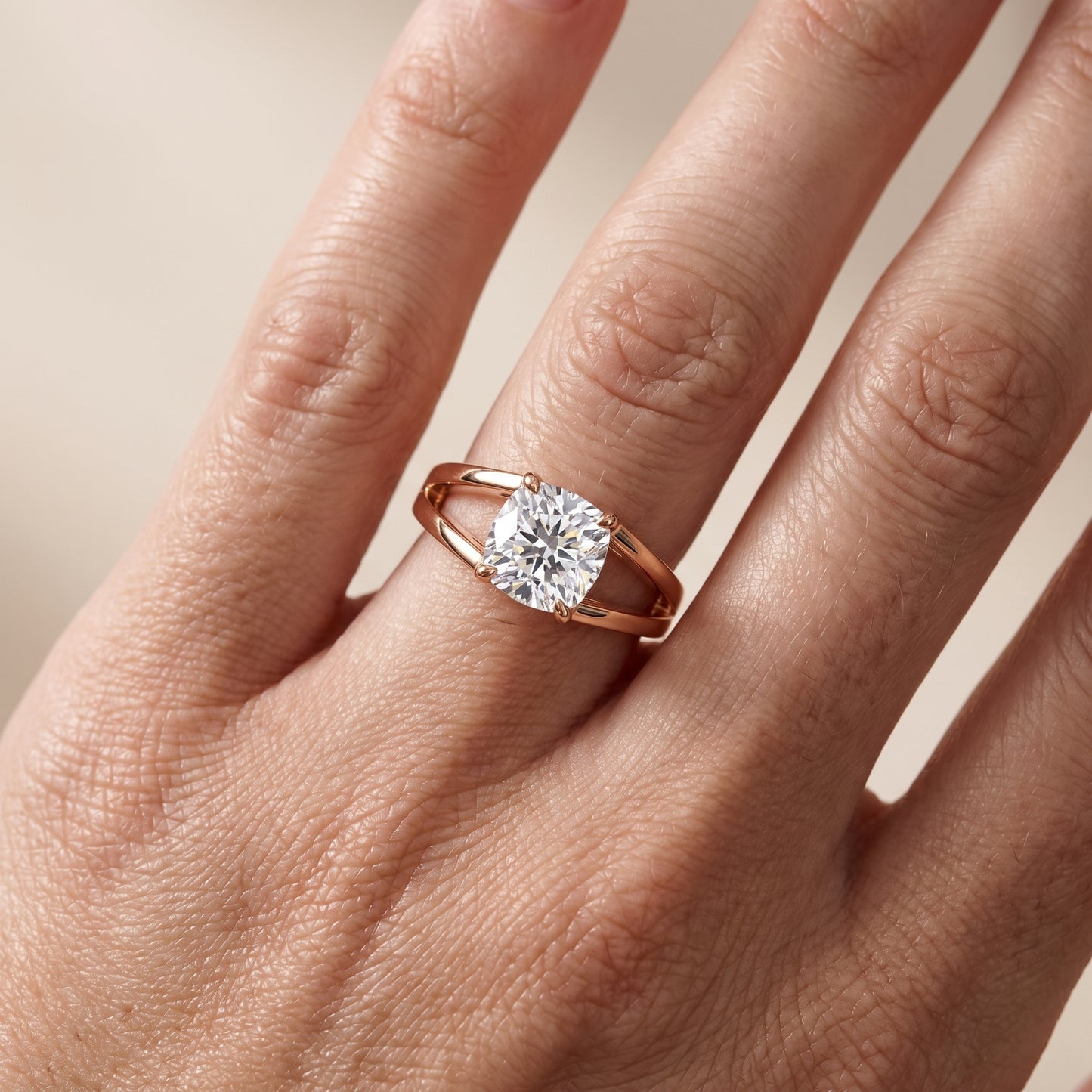 Giselle Solitaire Split Shank Cushion Diamond Engagement Ring in Rose Gold - lifestyle.jpg
