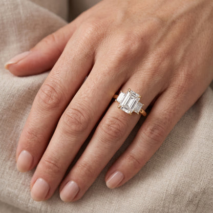 Cosette Statement Three-Stone Emerald Diamond Engagement Ring in Silver - lifestyle.jpg