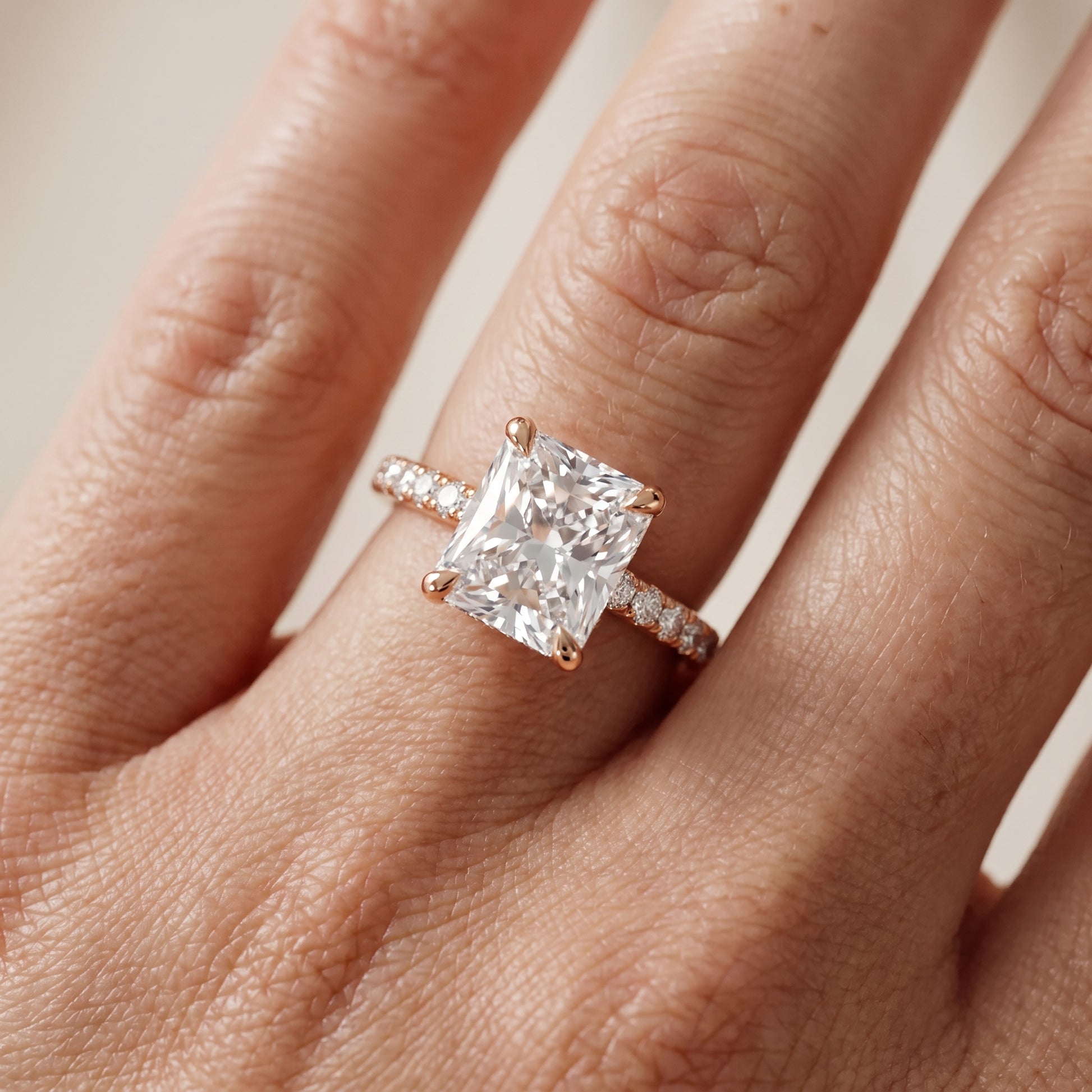 Maya Hidden Halo Pavé Radiant Diamond Engagement Ring in Rose Gold - lifestyle.jpg