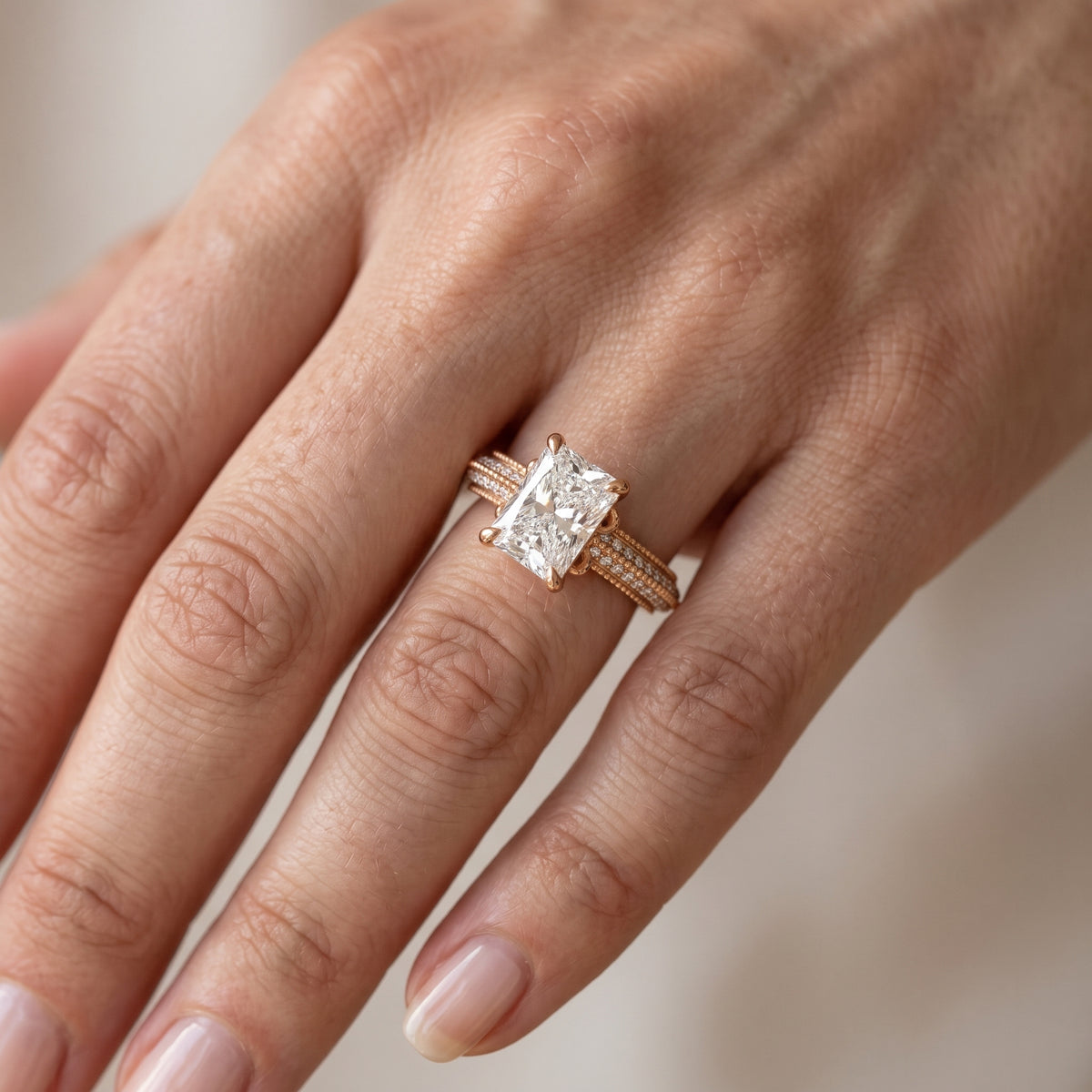 Chiara Vintage Milgrain Radiant Diamond Engagement Ring in Rose Gold - lifestyle.jpg
