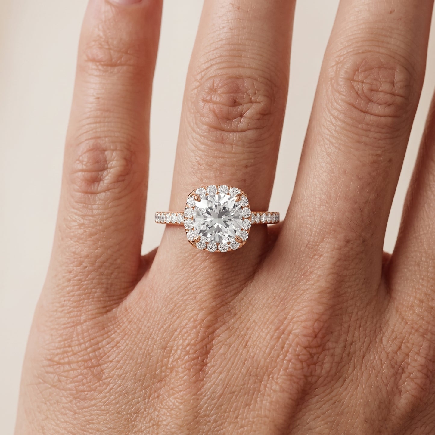 Alma Halo Pavé Cushion Diamond Ring in Rose Gold - lifestyle.jpg