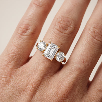 Esme Three-Stone Tapered Emerald Diamond Ring in Yellow Gold - lifestyle.jpg