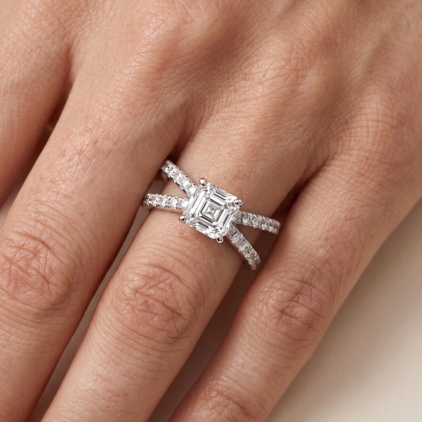 Lior Criss Cross Pavé Asscher Diamond Engagement Ring in Platinum - lifestyle.jpg