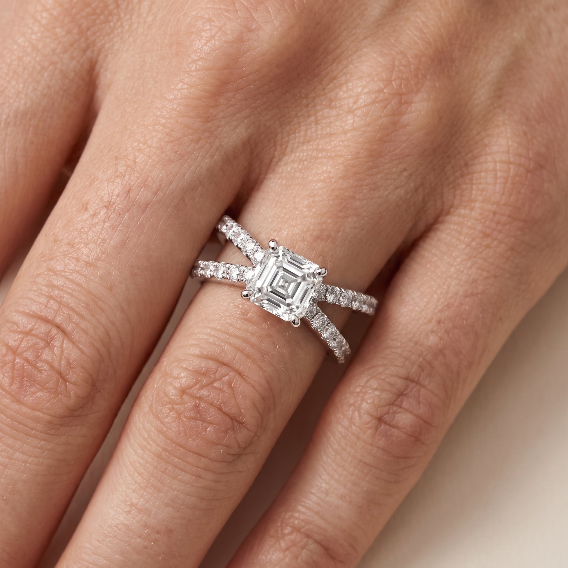 Lior Criss Cross Pavé Asscher Diamond Engagement Ring in Platinum - lifestyle.jpg