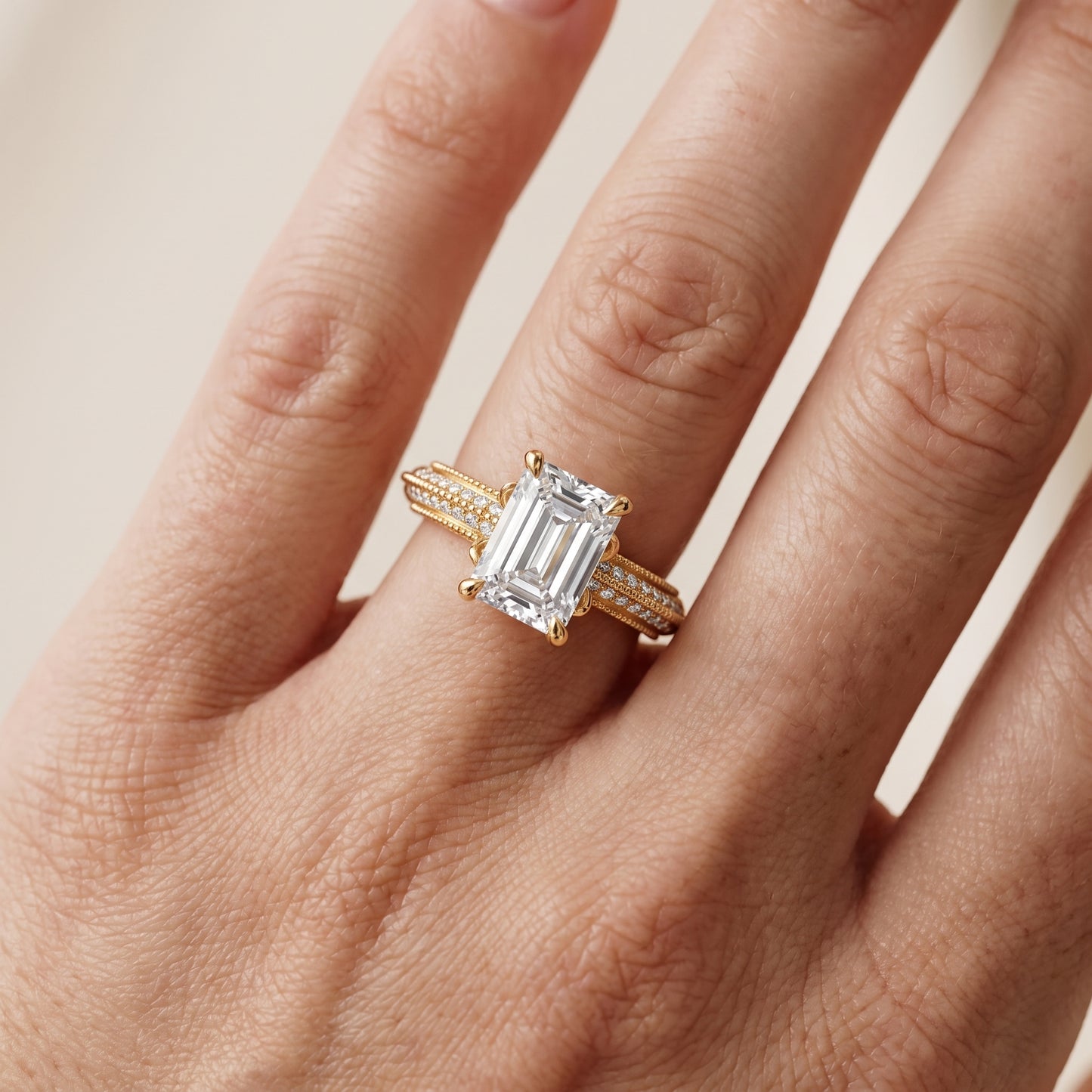Indie Vintage Milgrain Emerald Diamond Engagement Ring in Yellow Gold - lifestyle.jpg