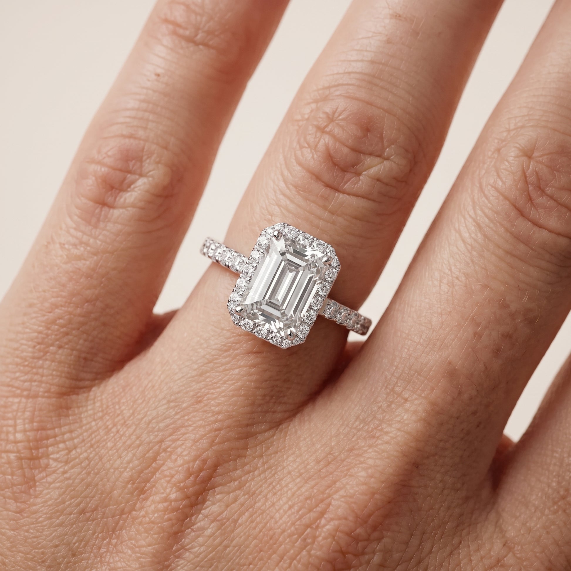Willa Halo Micropavé Emerald Diamond Engagement Ring in White Gold - lifestyle.jpg