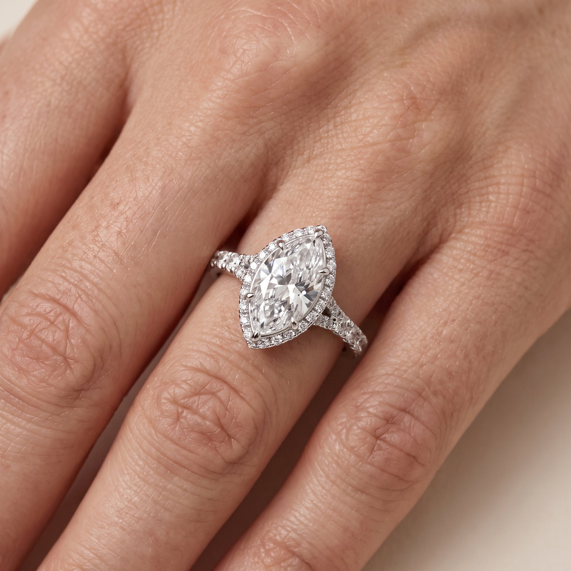 Bella Halo Pavé Marquise Diamond Engagement Ring in White Gold - lifestyle.jpg