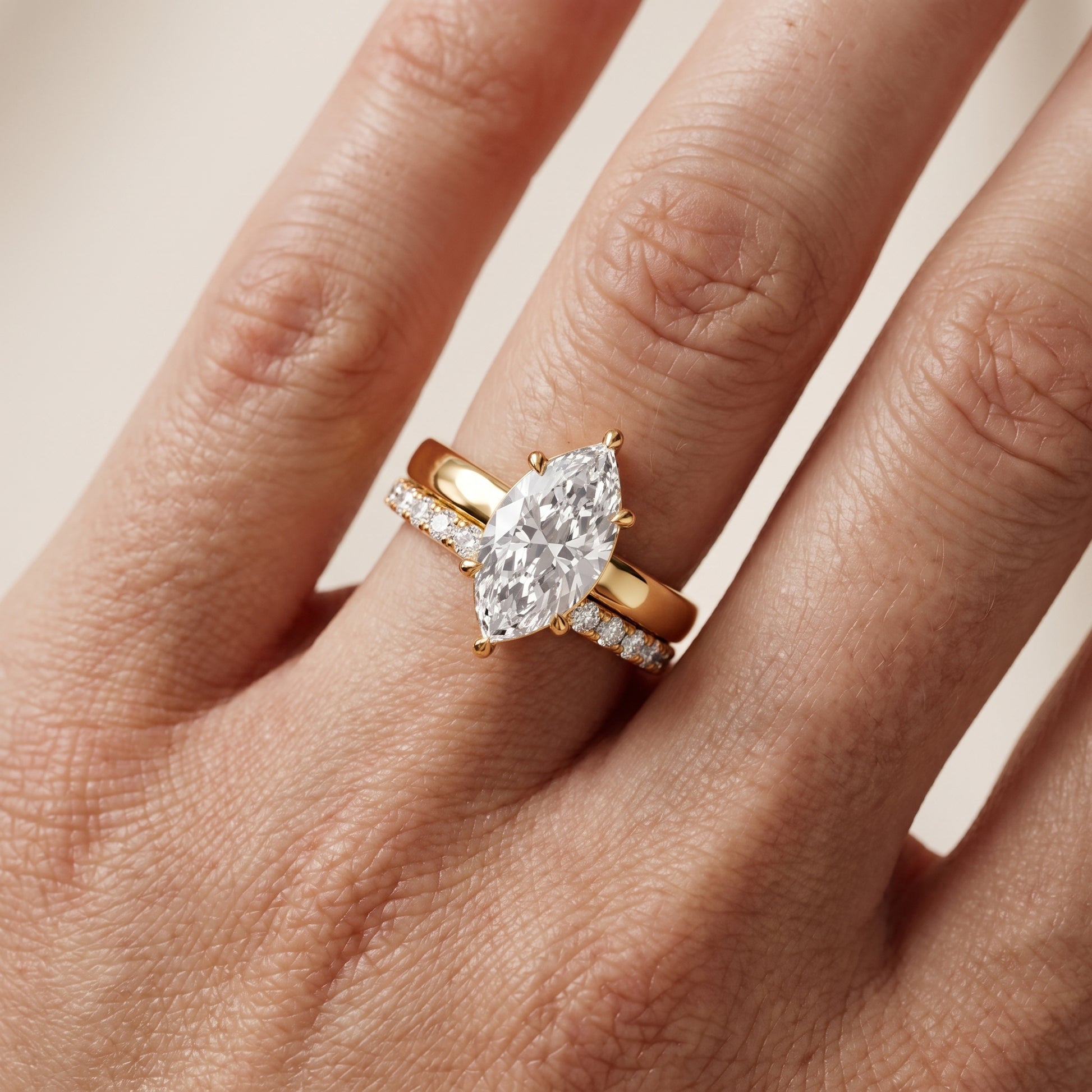 Veda Split Shank Pavé Marquise Diamond Engagement Ring in Yellow Gold - lifestyle.jpg