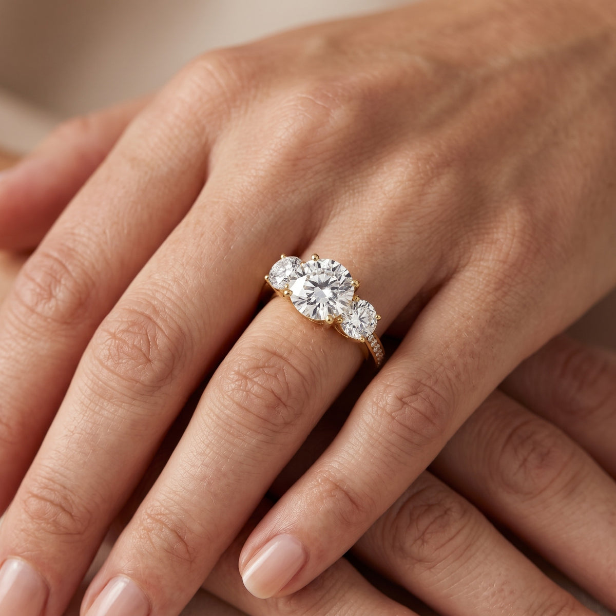 Brianna Three-Stone Pavé Round Diamond Engagement Ring in White Gold - lifestyle.jpg