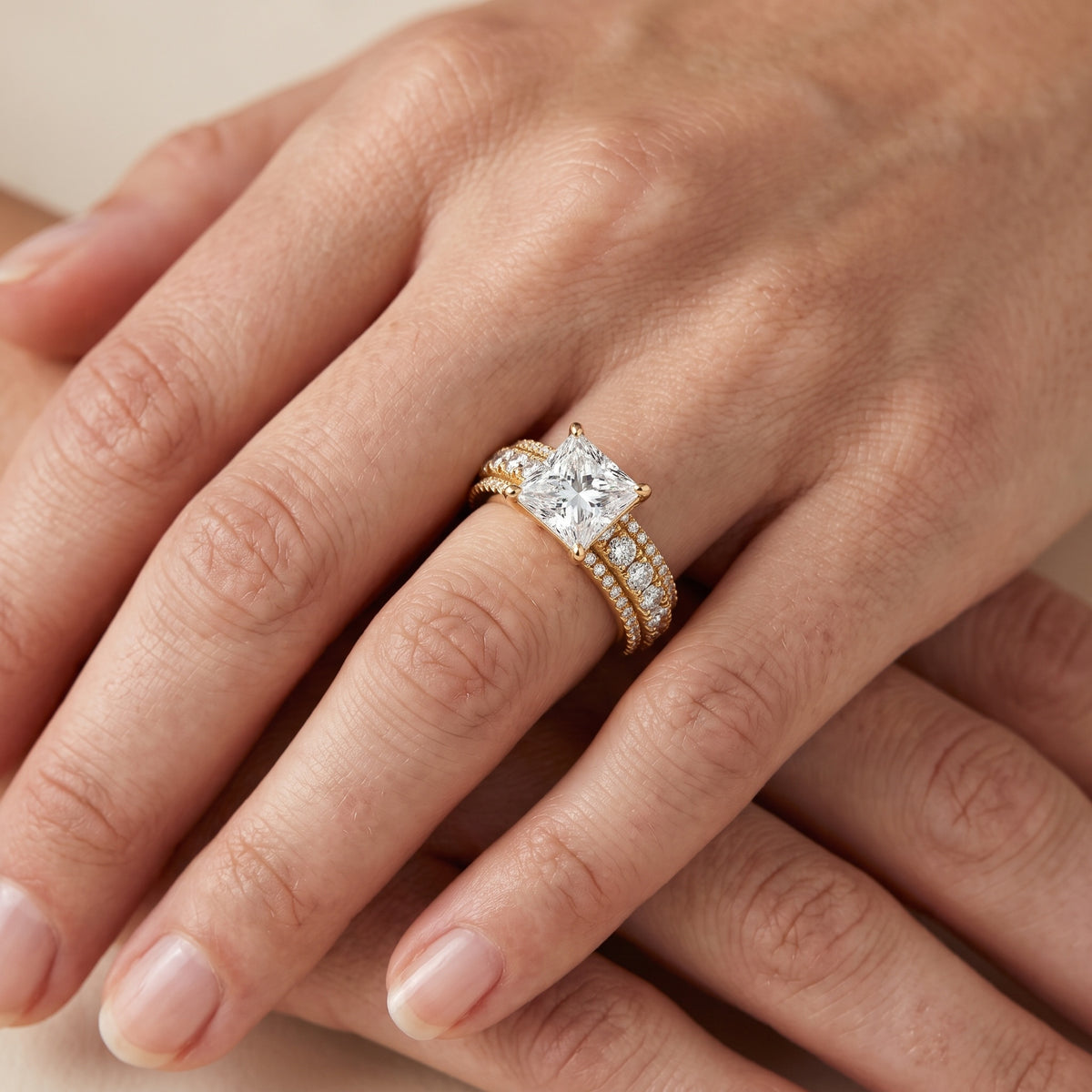 Oona Wide Band Pavé Princess Diamond Engagement Ring in Platinum - lifestyle.jpg
