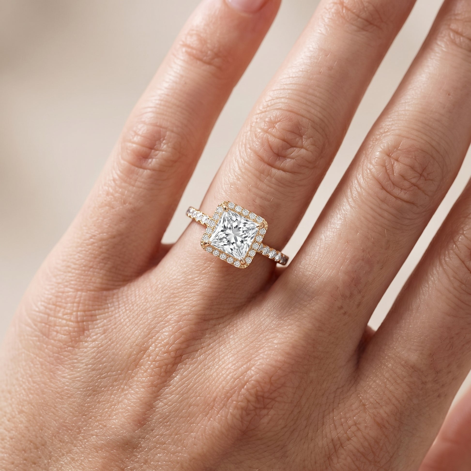 Chloe Halo Pavé Princess Diamond Ring in Yellow Gold - lifestyle.jpg