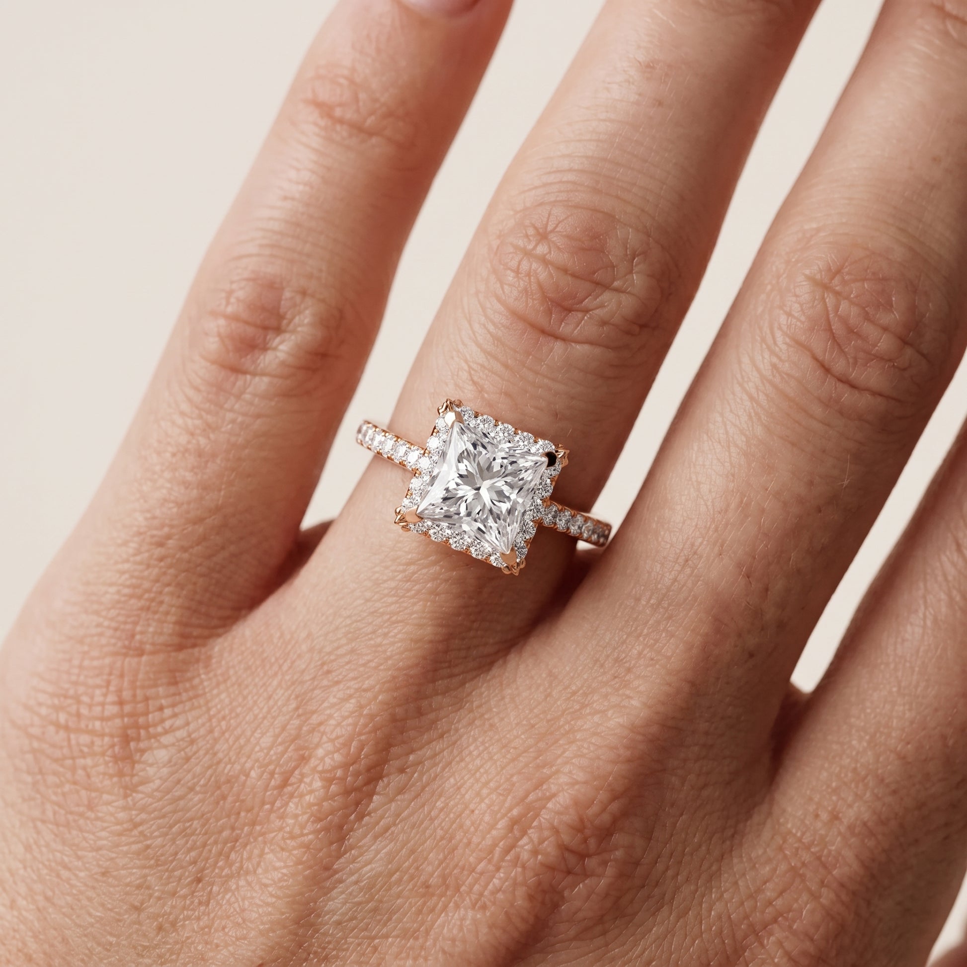 Alma Halo Pavé Princess Diamond Ring in Rose Gold - lifestyle.jpg