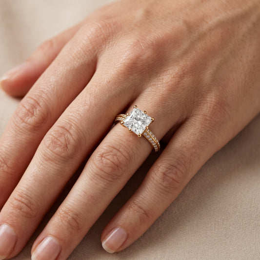 Meredith Knife Edge Pavé Princess Diamond Engagement Ring in Yellow Gold - lifestyle.jpg