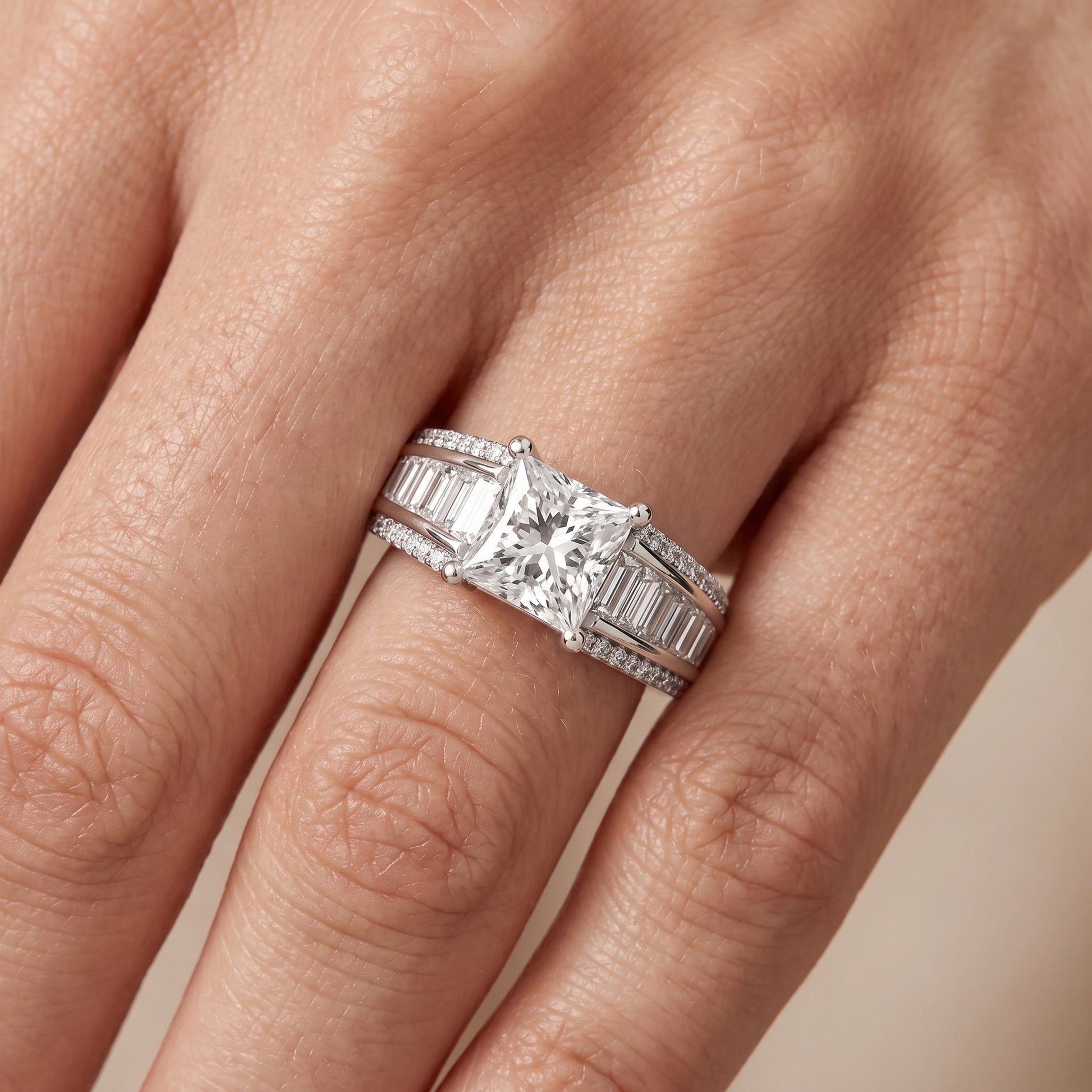 Halle Channel Set Baguette Accent Princess Diamond Engagement Ring in Silver - lifestyle.jpg