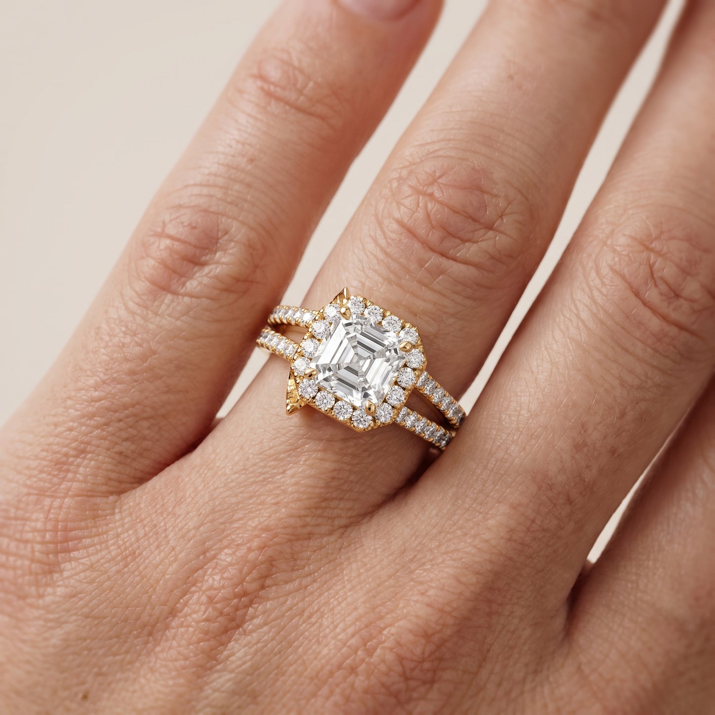 Kira Halo Split Shank Asscher Diamond Engagement Ring in Yellow Gold - lifestyle.jpg