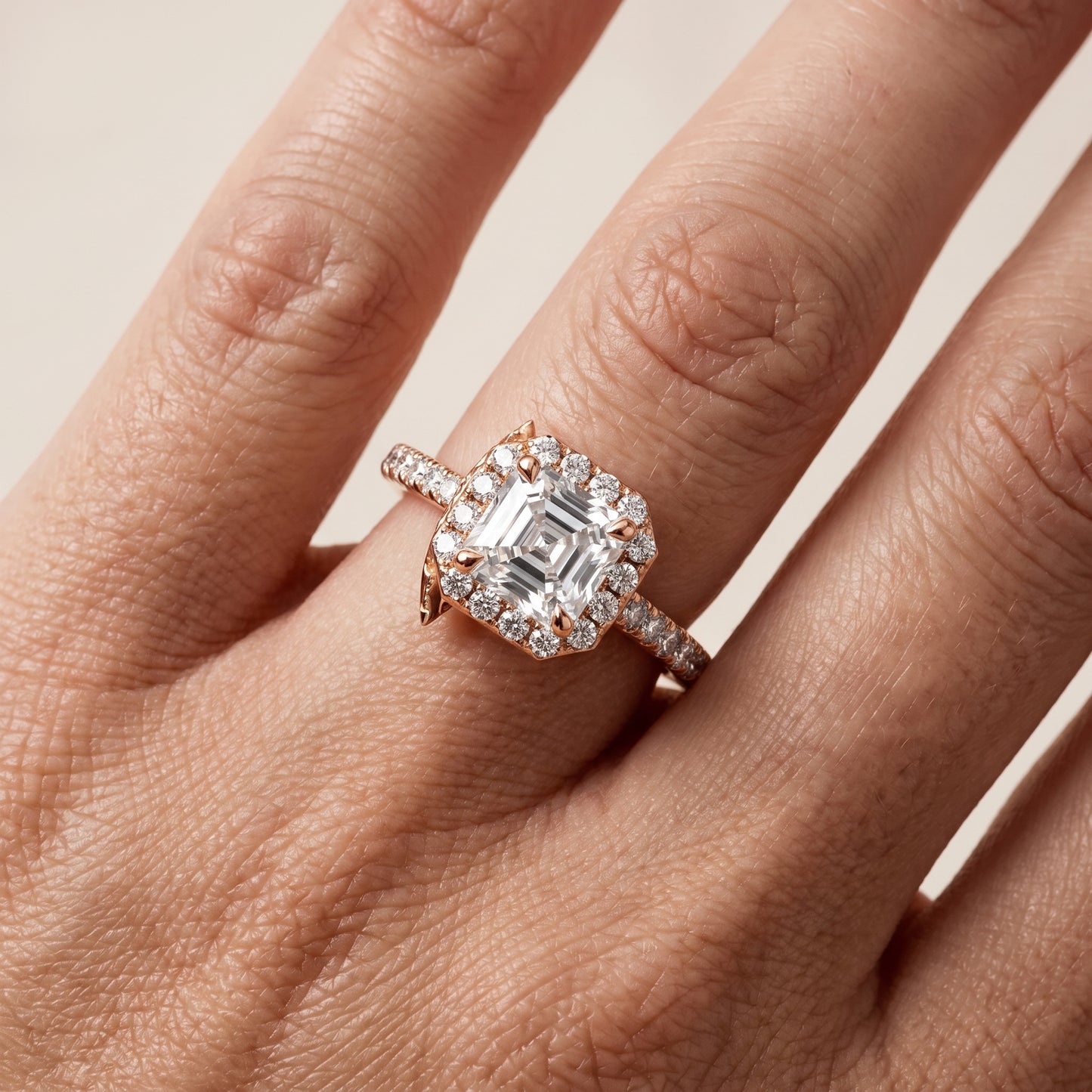 Amara Halo Claw Prong Asscher Diamond Ring in Rose Gold - lifestyle.jpg