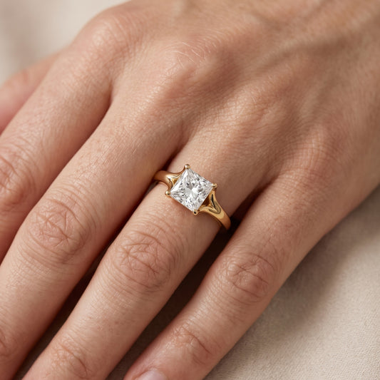 Nell Split Shank Solitaire Princess Diamond Engagement Ring in Yellow Gold - lifestyle.jpg