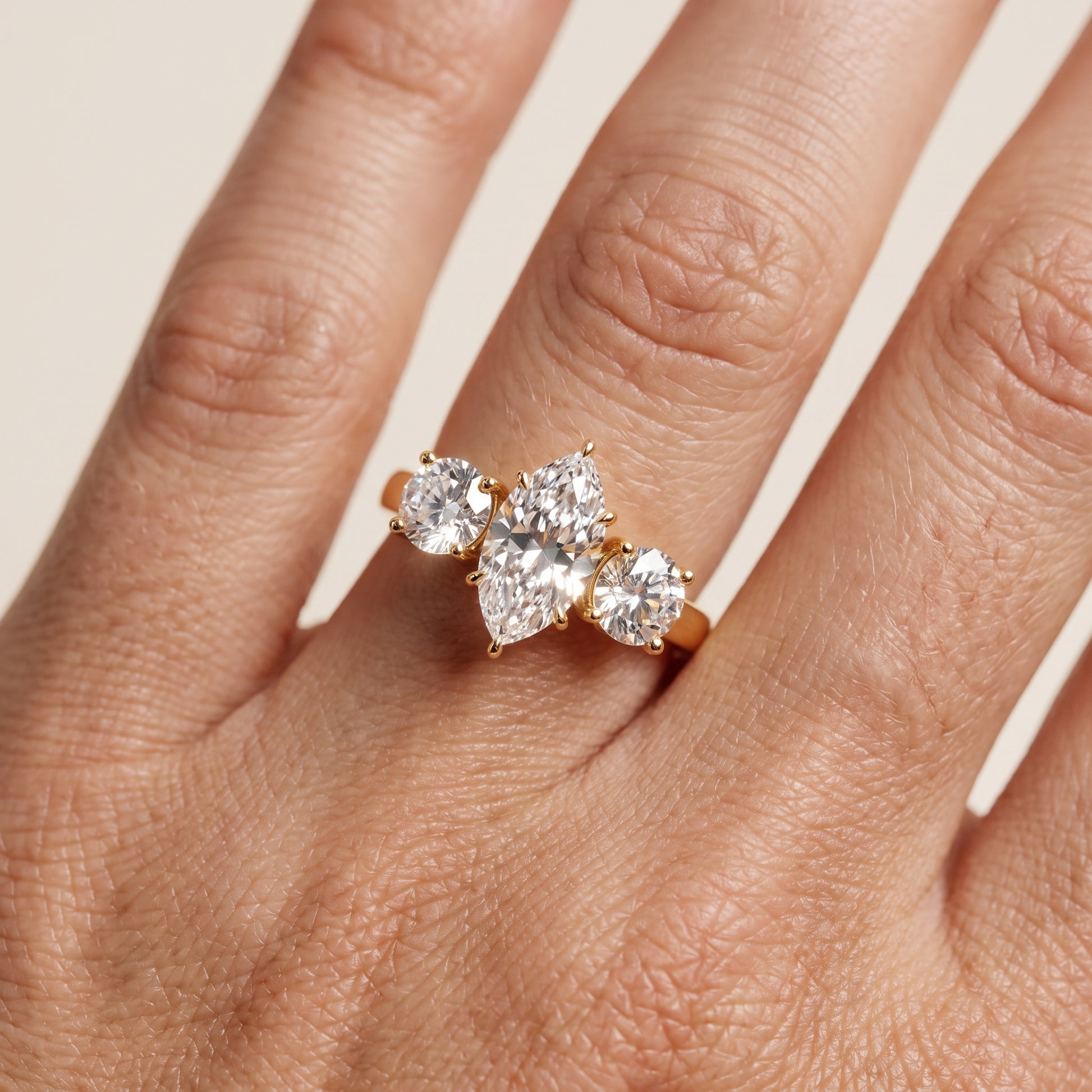 Esme Three-Stone Tapered Marquise Diamond Ring in Yellow Gold - lifestyle.jpg