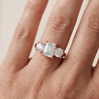 Callie Three-Stone Trellis Emerald Diamond Ring in Rose Gold - lifestyle.jpg