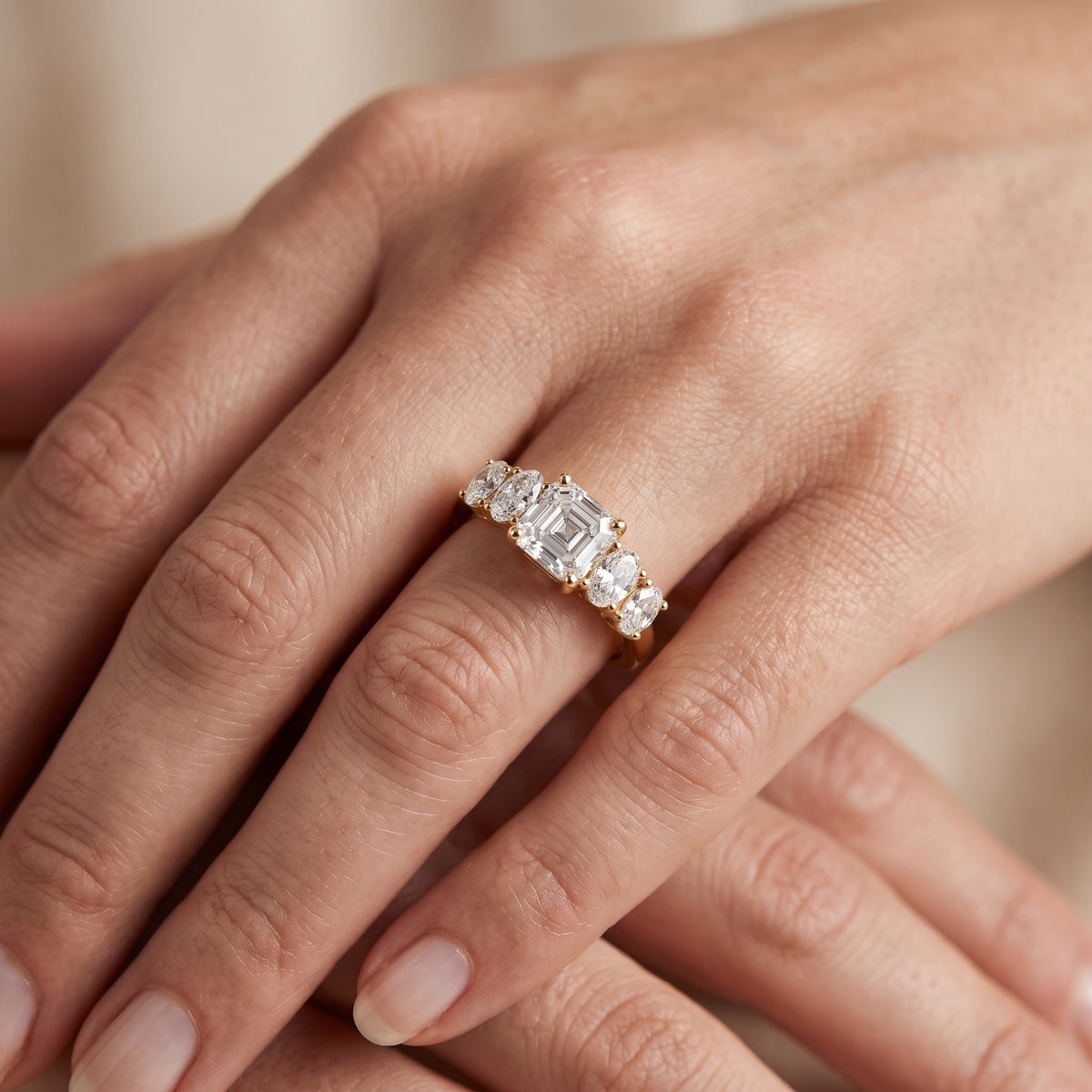 Judith Statement Five-Stone Asscher Diamond Engagement Ring in Platinum - lifestyle.jpg