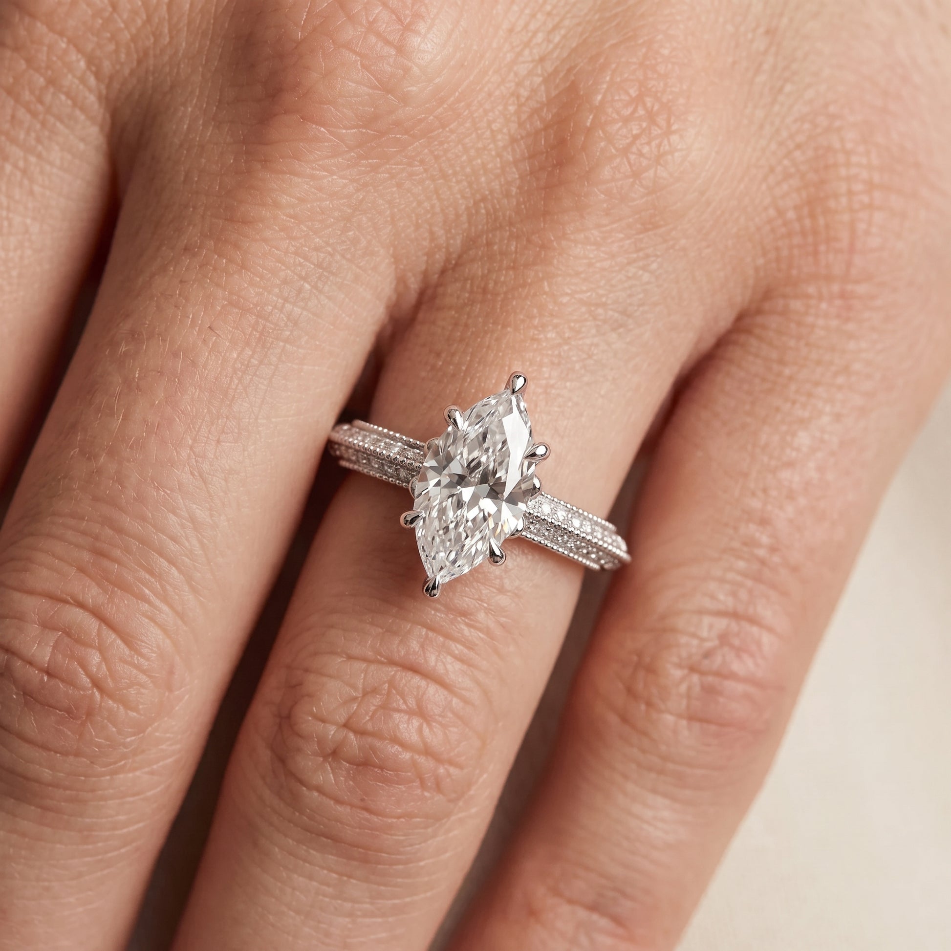 Indie Vintage Milgrain Marquise Diamond Engagement Ring in Silver - lifestyle.jpg