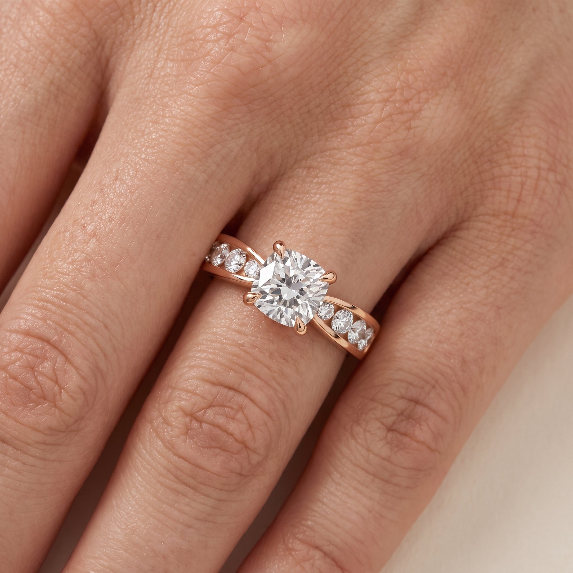 Noor Channel Set Sidestone Cushion Diamond Engagement Ring in Rose Gold - lifestyle.jpg