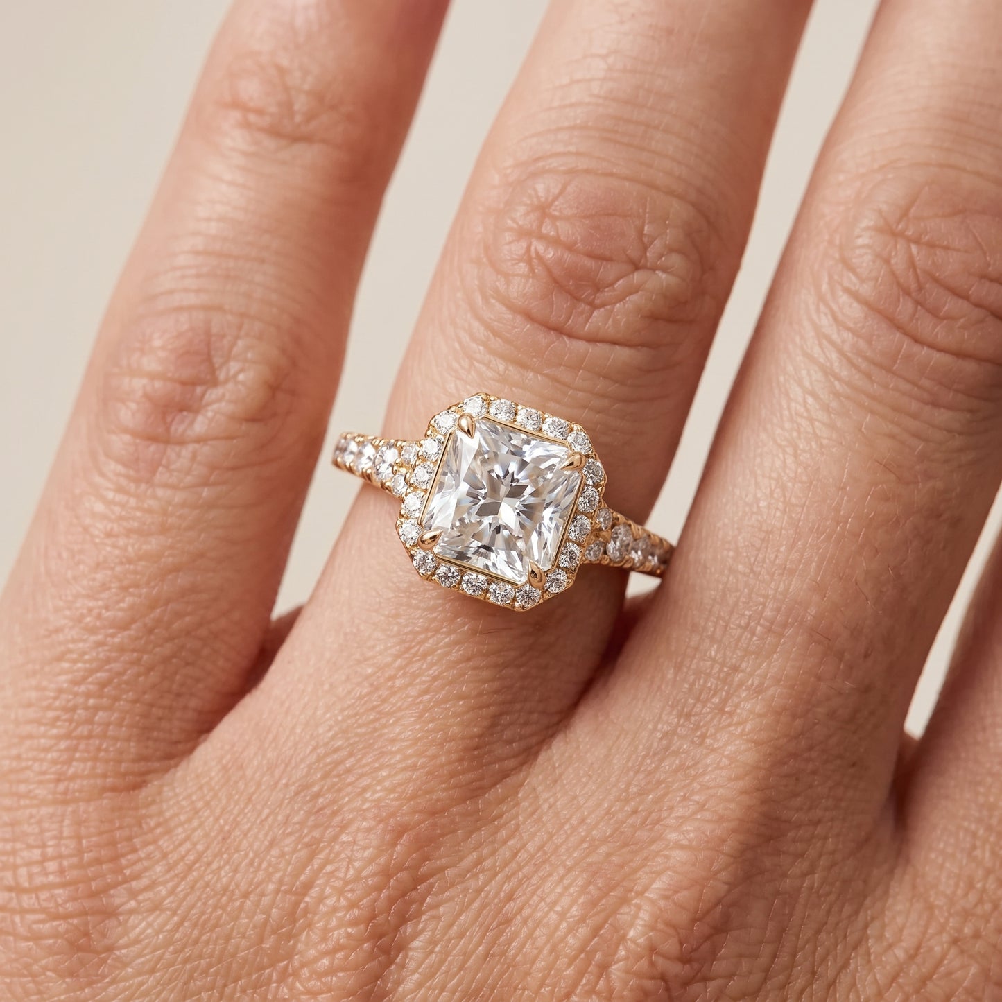 Bella Halo Pavé Radiant Diamond Engagement Ring in Yellow Gold - lifestyle.jpg