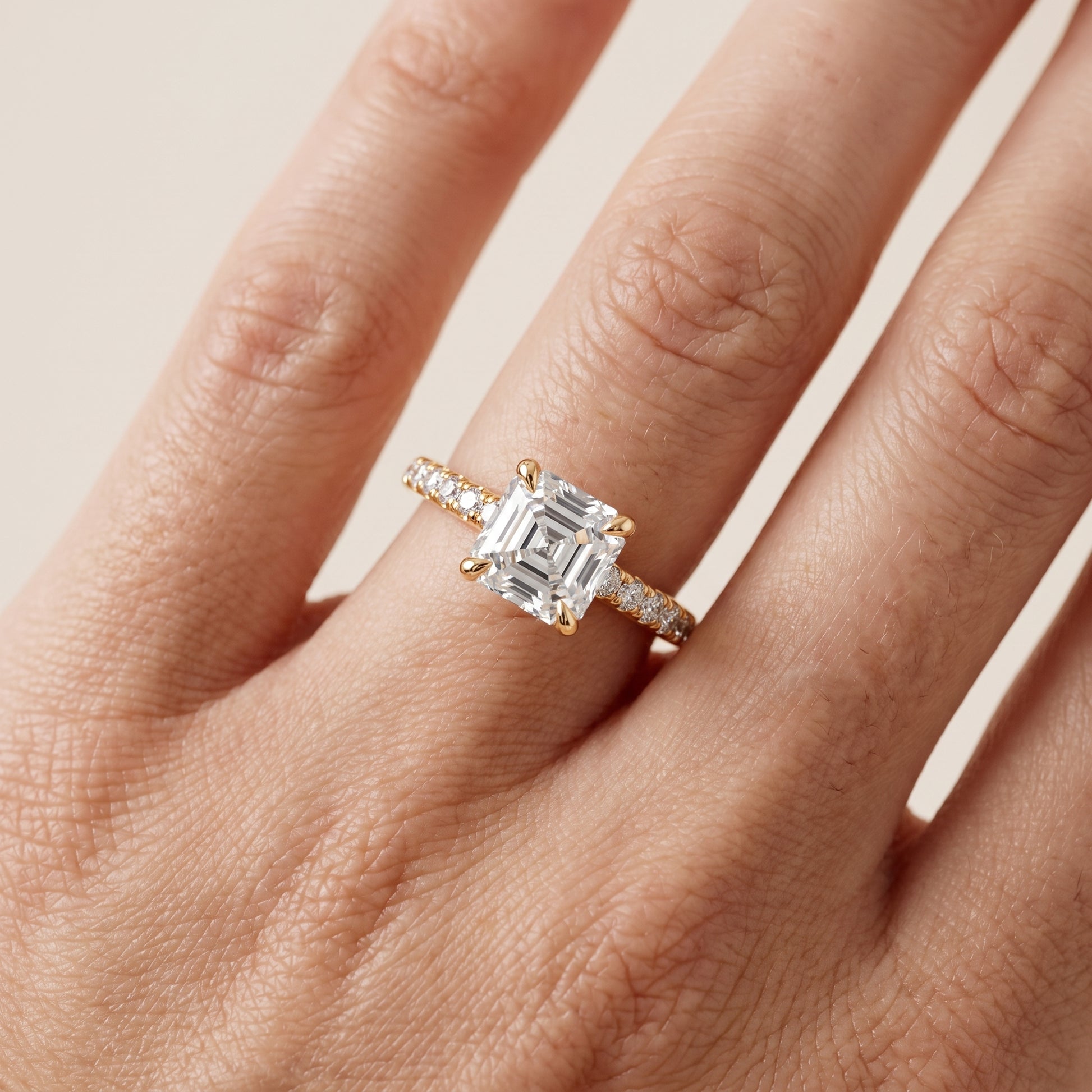 Maya Hidden Halo Pavé Asscher Diamond Engagement Ring in Yellow Gold - lifestyle.jpg