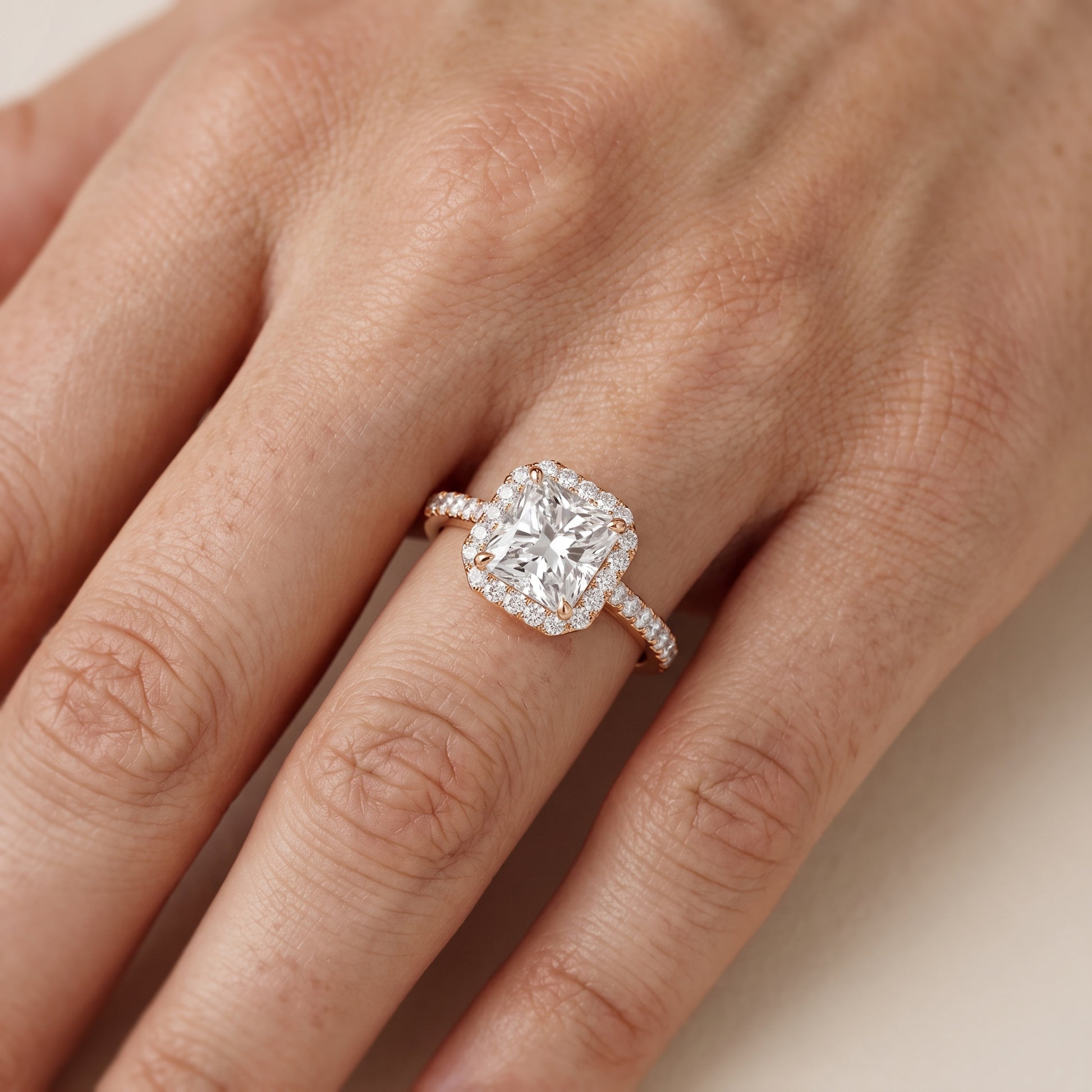 Alma Halo Pavé Radiant Diamond Ring in Rose Gold - lifestyle.jpg