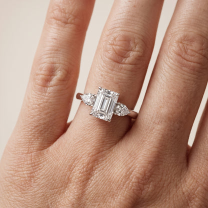 Phoebe Three-Stone Emerald Diamond Ring in Platinum - lifestyle.jpg