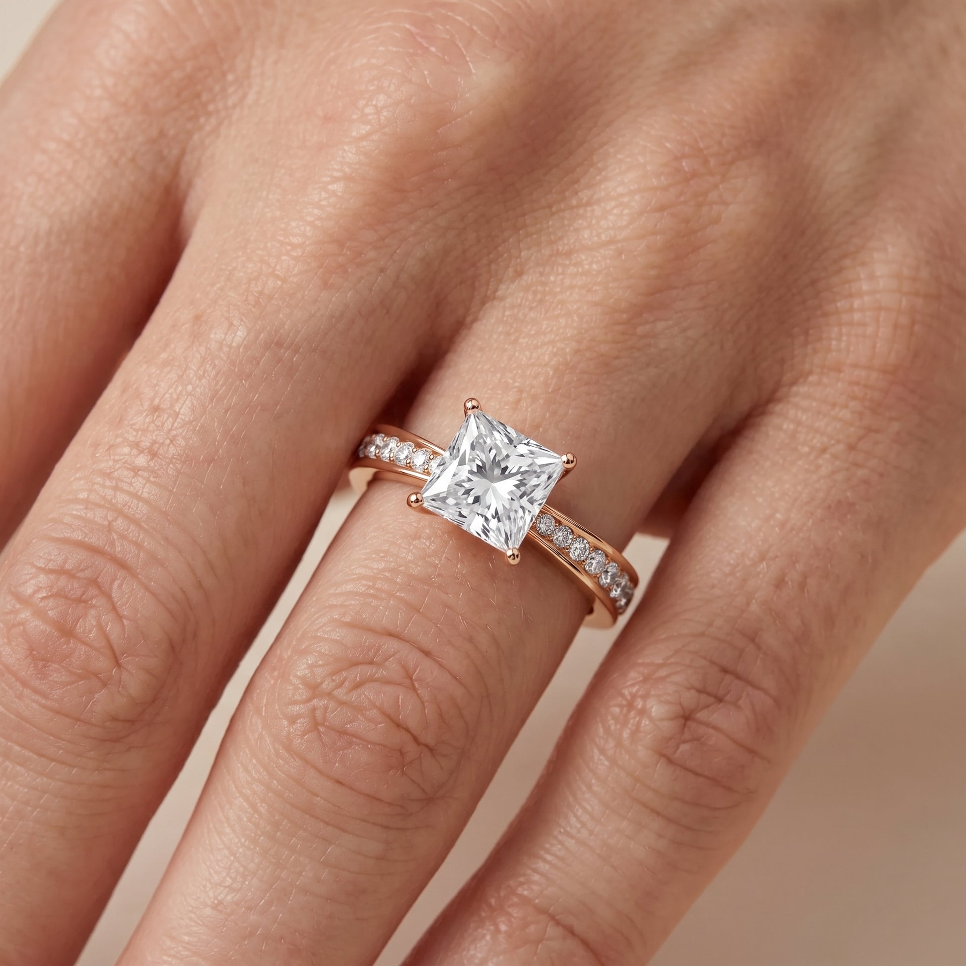 Rhea Sidestone Pavé Princess Diamond Engagement Ring in Rose Gold - lifestyle.jpg