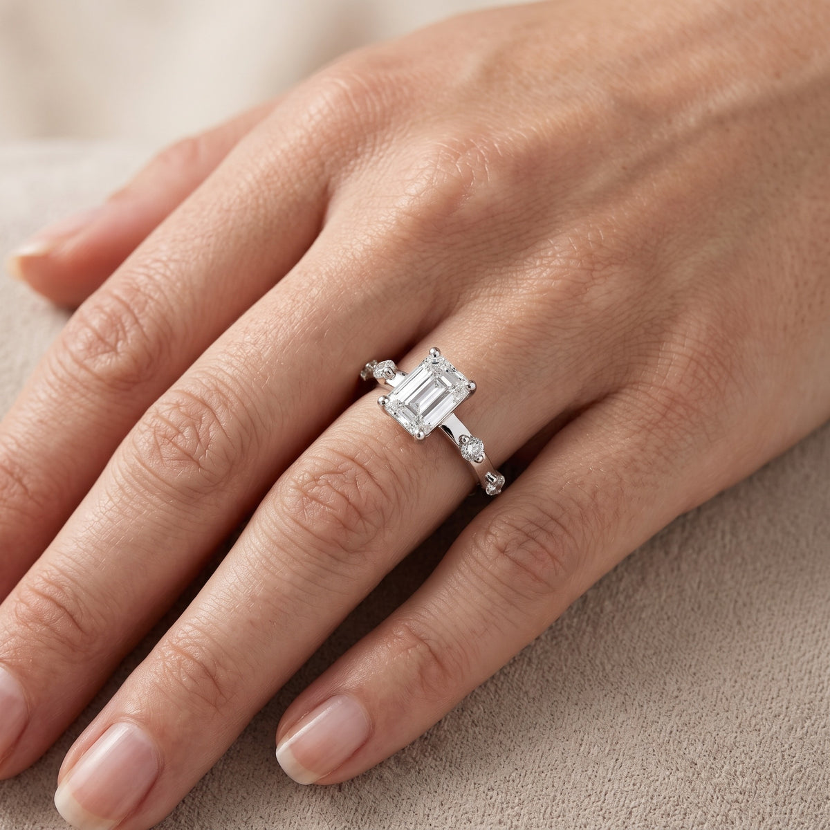 Elena Radiance Solitaire Emerald Diamond Engagement Ring in Silver - lifestyle.jpg
