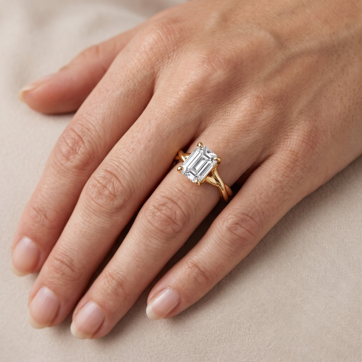 Rosa Twist Solitaire Emerald Diamond Engagement Ring in Rose Gold - lifestyle.jpg