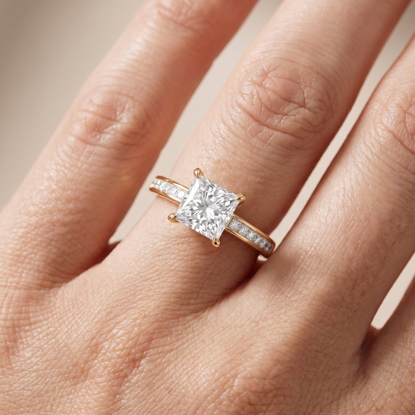 Maren Sidestone Channel Set Princess Diamond Engagement Ring in Yellow Gold - lifestyle.jpg