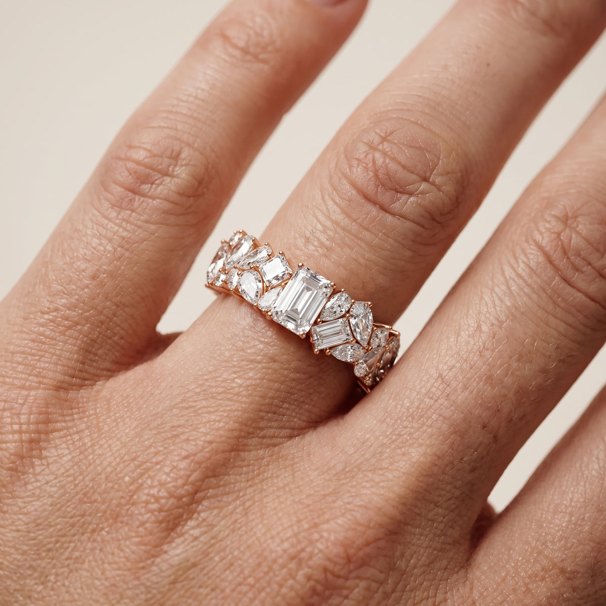Louisa Cluster Emerald & Pear Diamond Anniversary Ring in Rose Gold - lifestyle.jpg