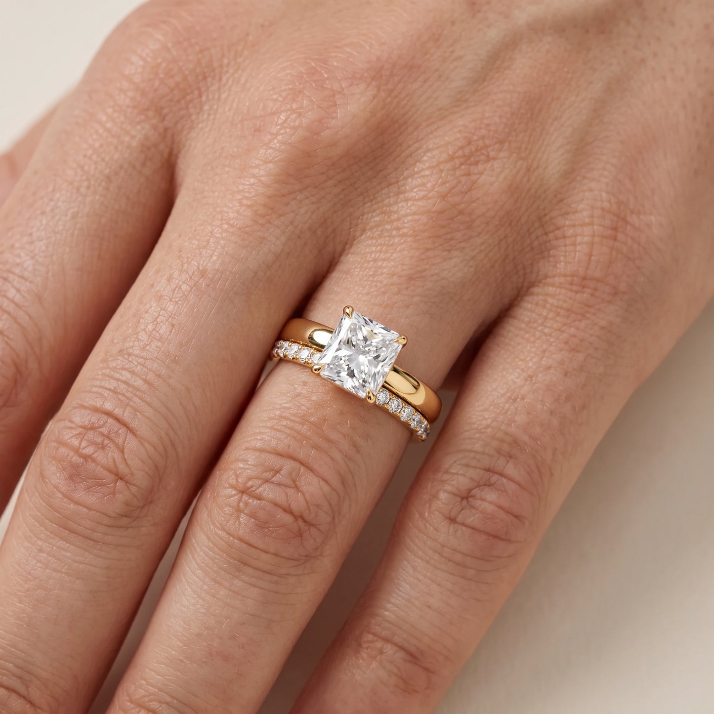Veda Split Shank Pavé Radiant Diamond Engagement Ring in Yellow Gold - lifestyle.jpg