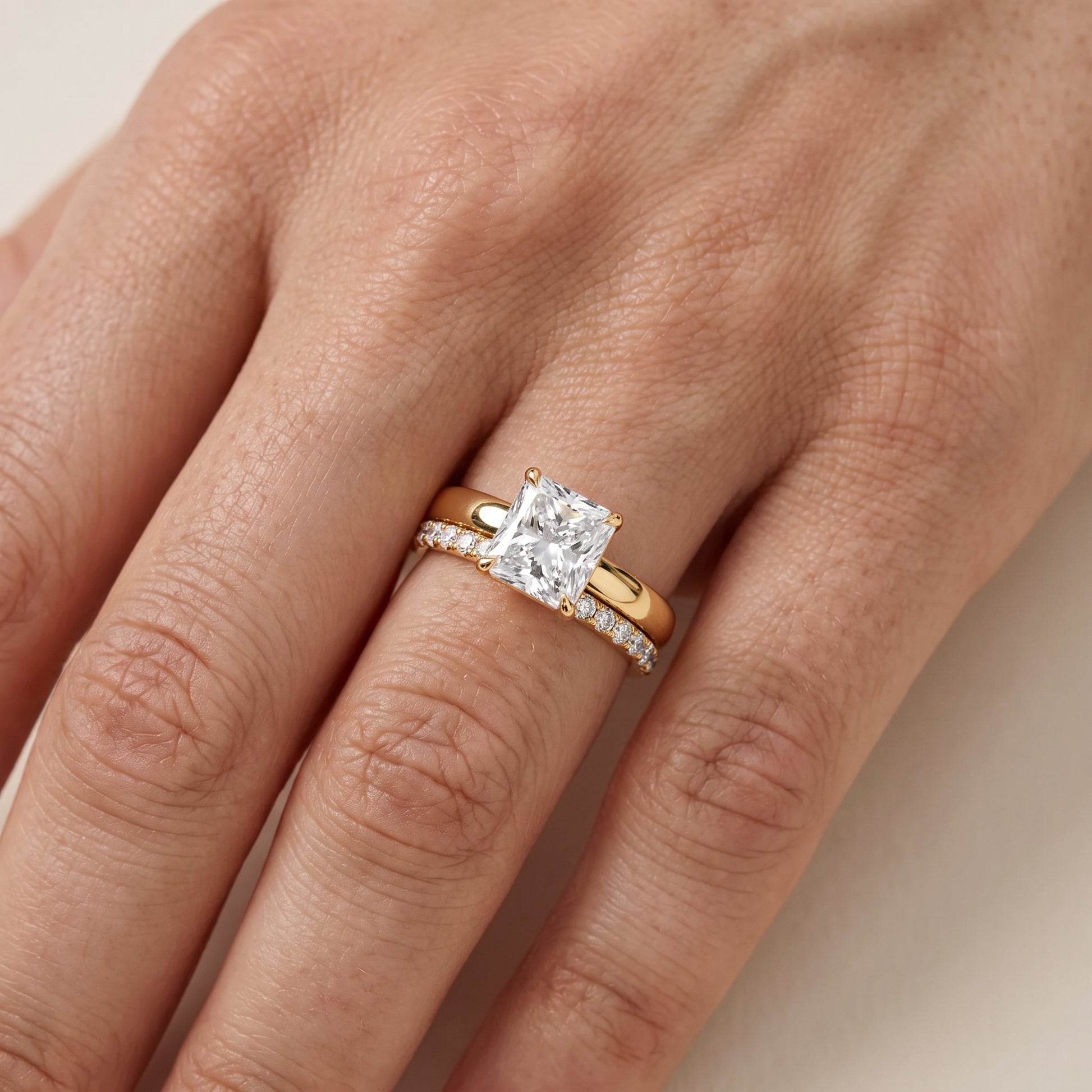 Veda Split Shank Pavé Radiant Diamond Engagement Ring in Yellow Gold - lifestyle.jpg