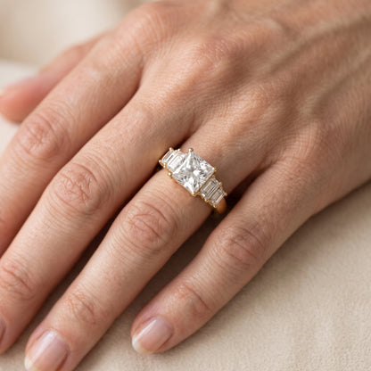 Damaris Baguette Five-Stone Princess Diamond Engagement Ring in Yellow Gold - lifestyle.jpg