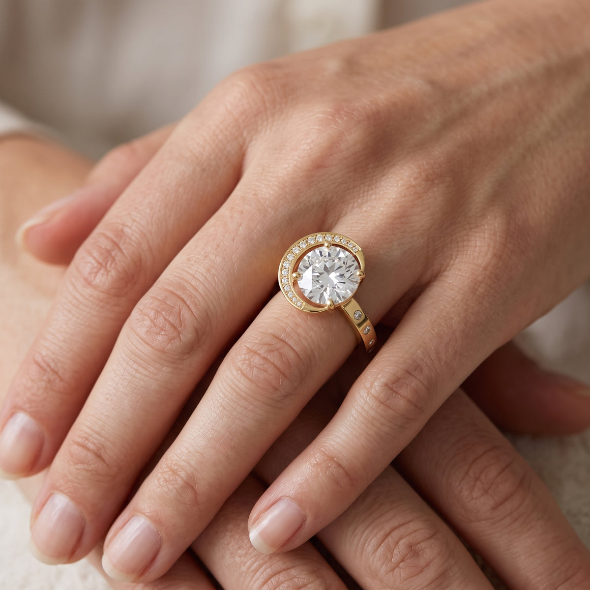 Aurelia Moon Halo Round Diamond Engagement Ring in Yellow Gold - lifestyle.jpg