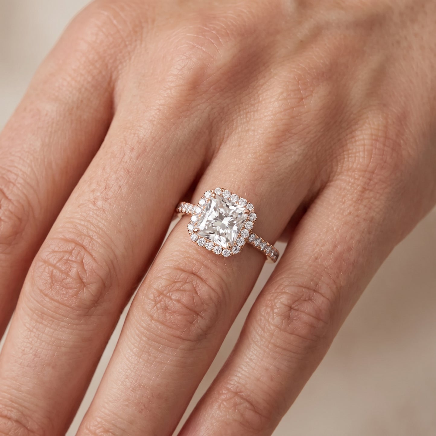 Willa Halo Micropavé Radiant Diamond Engagement Ring in Rose Gold - lifestyle.jpg