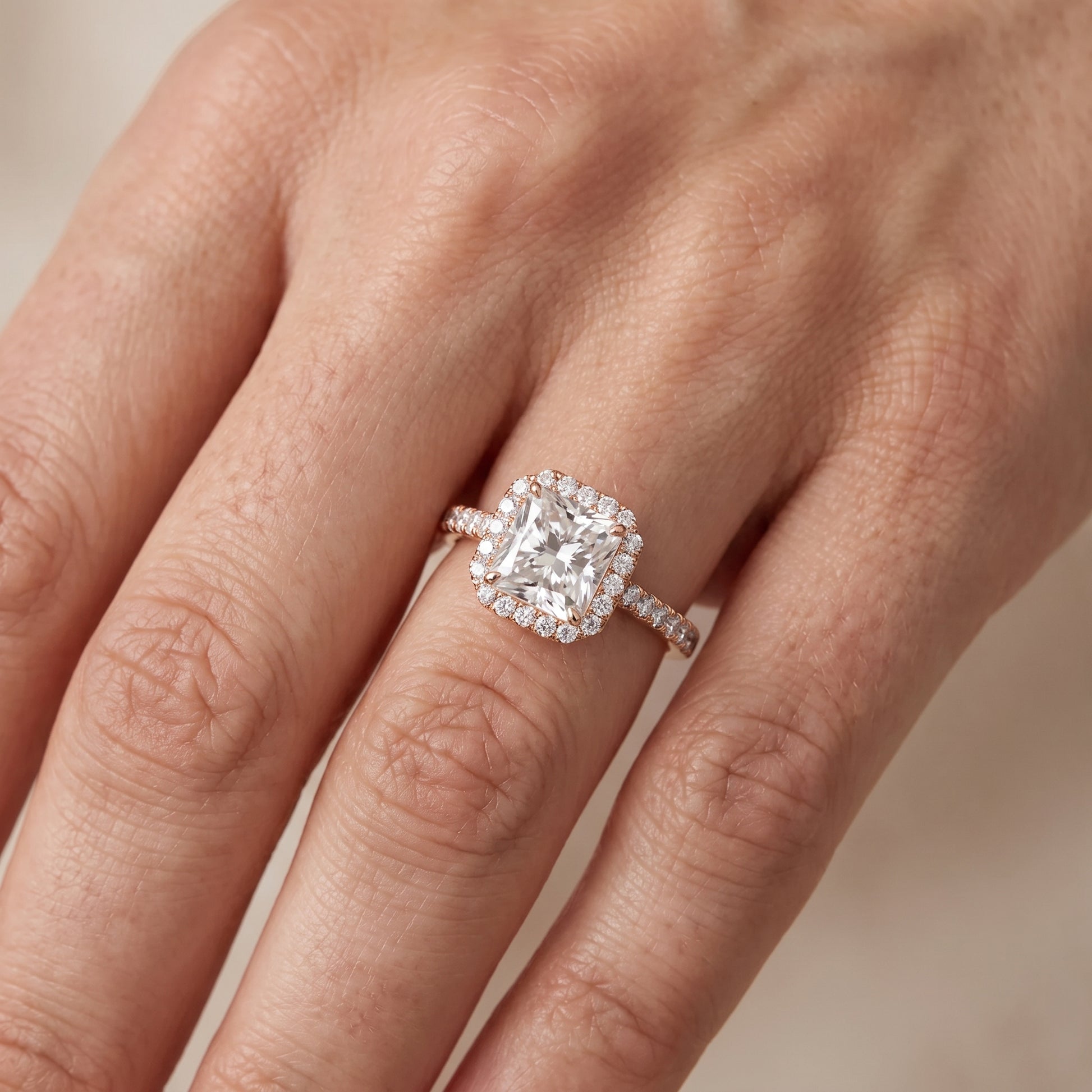 Willa Halo Micropavé Radiant Diamond Engagement Ring in Rose Gold - lifestyle.jpg