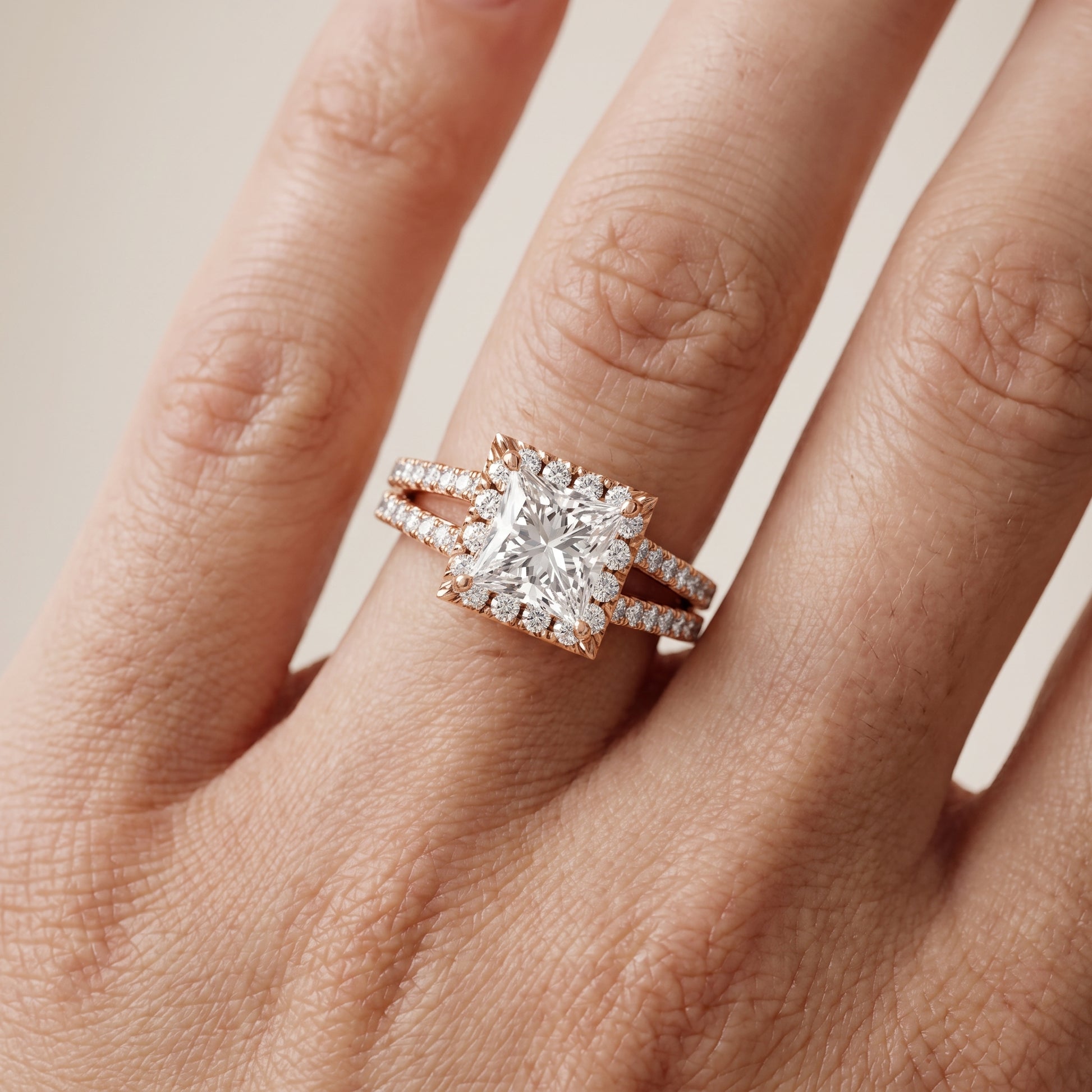 Kira Halo Split Shank Princess Diamond Engagement Ring in Rose Gold - lifestyle.jpg