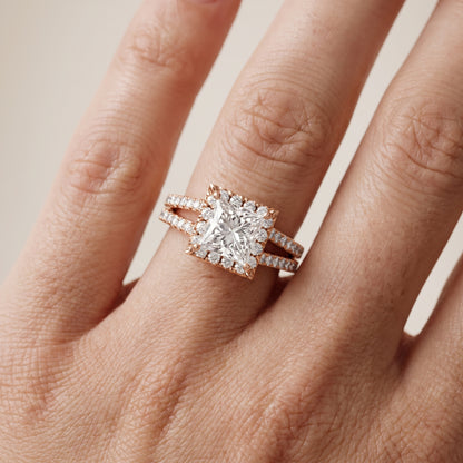 Kira Halo Split Shank Princess Diamond Engagement Ring in Rose Gold - lifestyle.jpg