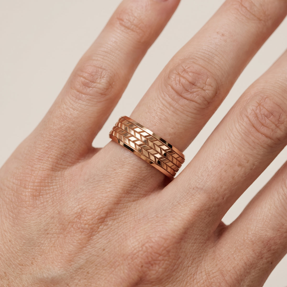 Hazel Carved Step Edge Wedding Band in Rose Gold - lifestyle.jpg